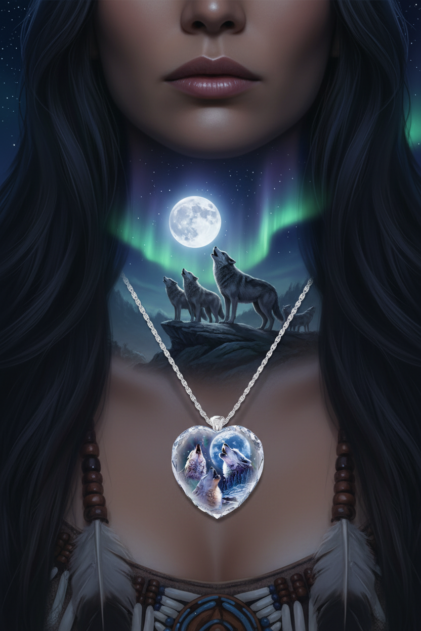 Heart-shaped crystal pendant necklace with clear heart charm and wolf figures in pendant
