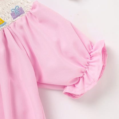 Infant Girls' Cute Birthday Smocked Bubble Romper Short Sleeves Crew Neck Cartoon Embroidery Princess Party Bodysuit