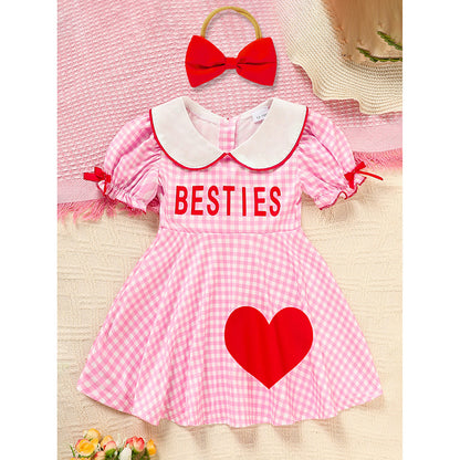 Sweet Baby Toddler Girl's Short Sleeve Letter Heart Print Doll Collar Dress With Matching Headband