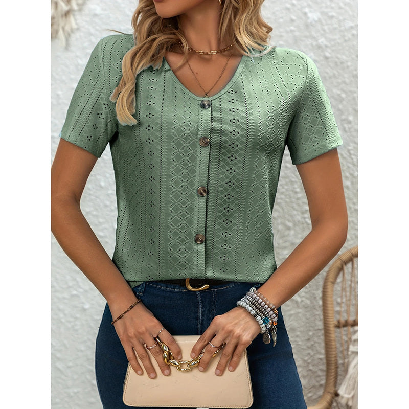 Women's V Neck Short Sleeve Eyelet Tops Summer Casual Loose Fit Button T Shirts