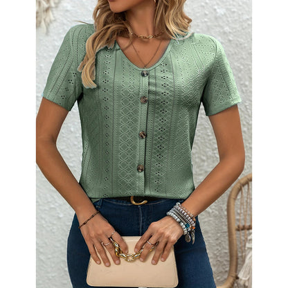 Women's V Neck Short Sleeve Eyelet Tops Summer Casual Loose Fit Button T Shirts