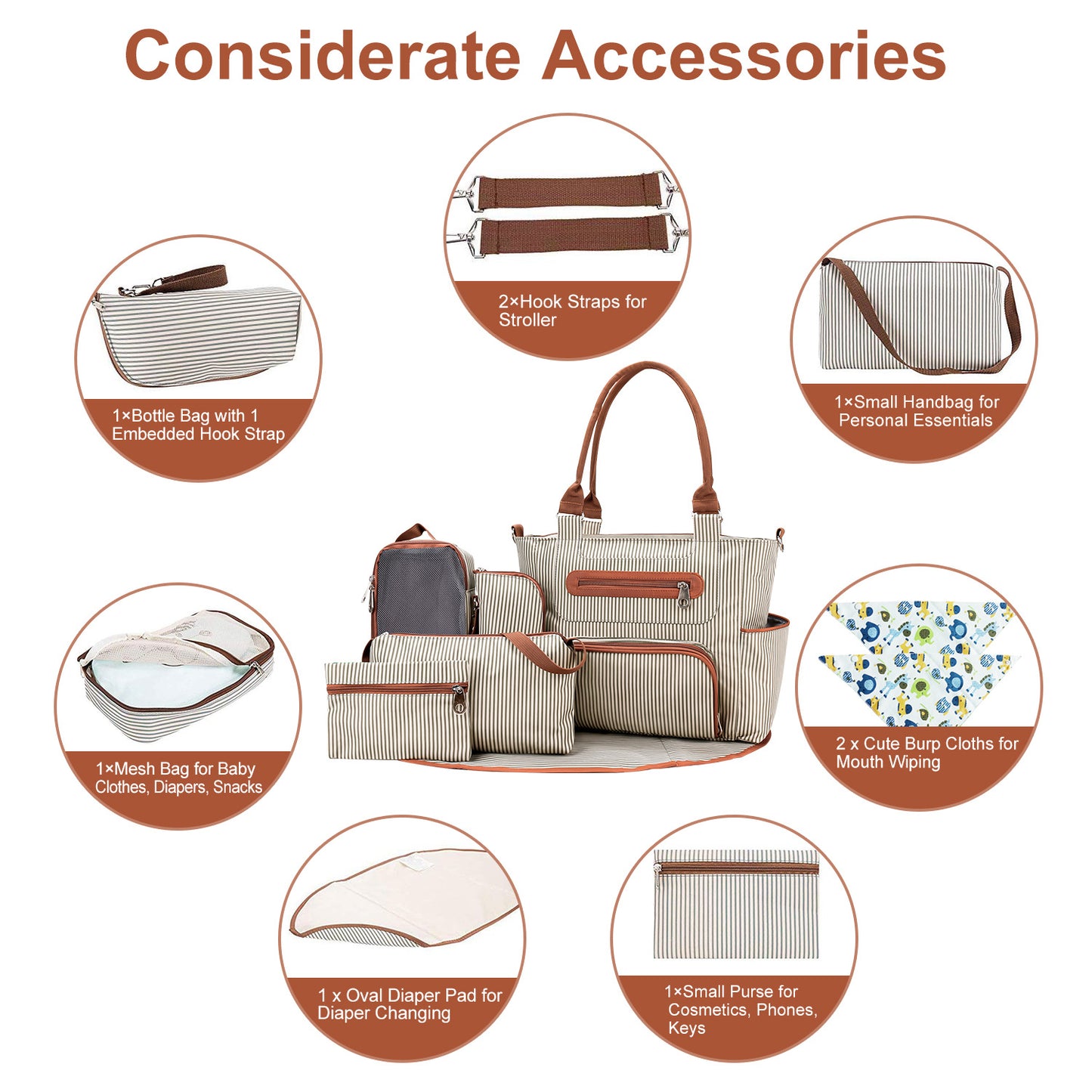 8Pcs Baby Nappy Set For Mom Dad Mummy Handbags Multifunctional  Changing With Bottle, Mesh Bag Purse Diaper Pad 2 Burp Cloths 2 Hook Straps