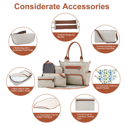 8Pcs Baby Nappy Set For Mom Dad Mummy Handbags Multifunctional  Changing With Bottle, Mesh Bag Purse Diaper Pad 2 Burp Cloths 2 Hook Straps