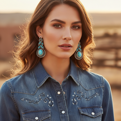 Turquoise teardrop earrings with oval center stones and silver-tone decorative borders