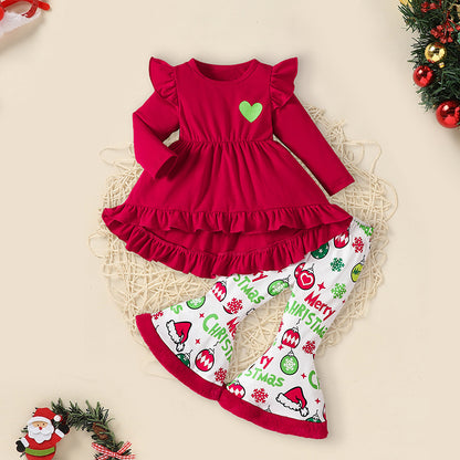 Toddler Baby Girls Christmas Clothes Ruffle Long Sleeve Heart Print Tops Dress Ball Print Flared Pants With Headband Outfits Set