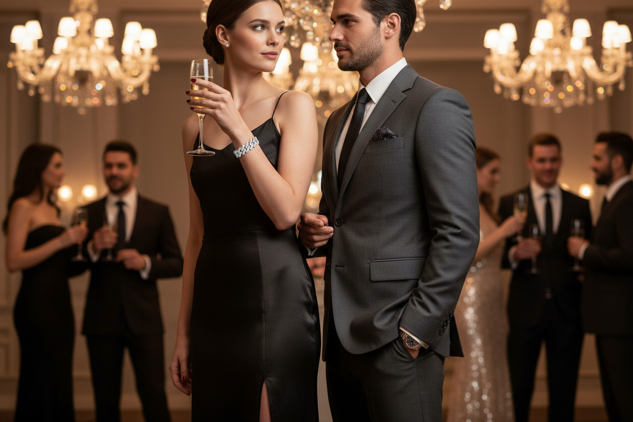 Silver bracelet with sparkling stones on a woman’s wrist, close to her champagne flute.