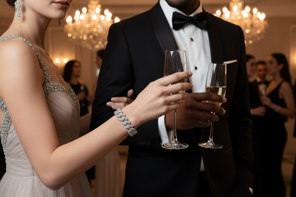 Silver tennis bracelet with sparkling pavé stones on wrist
