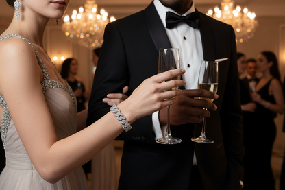 Silver tennis bracelet with sparkling pavé stones on wrist