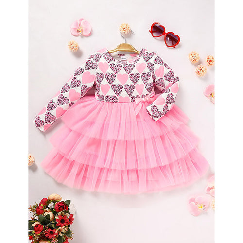 Toddler Girls Outfits Long Sleeve Graphic Heart Print Mesh Tulle Valentine Birthday Party Dress
