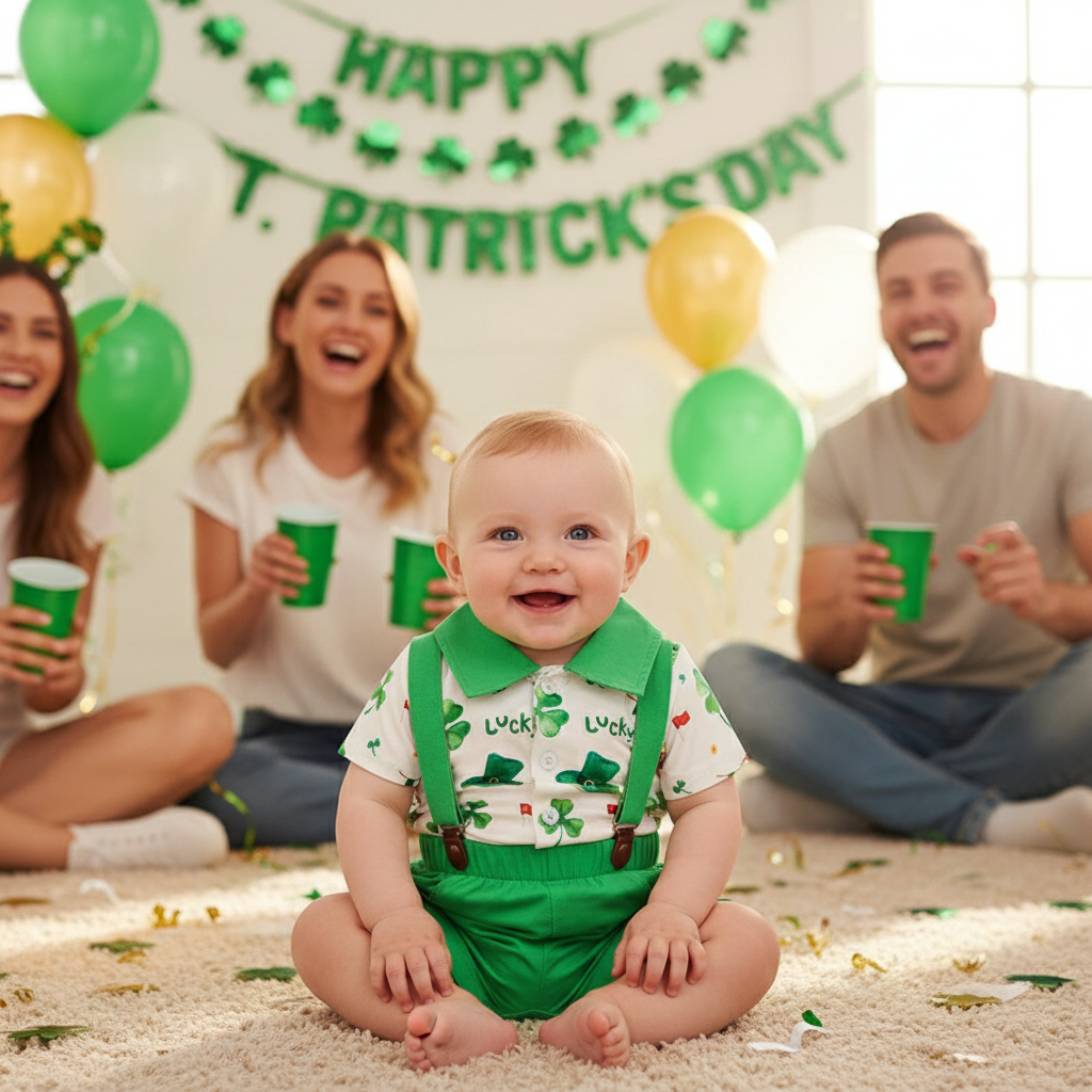Newborn Baby Boy St. Patrick's Day Clothes Short Sleeve Clover Print Romper & Suspenders Pant 2Pcs Casual Clothes Set