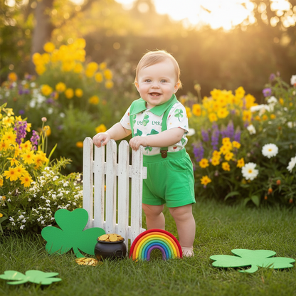 Newborn Baby Boy St. Patrick's Day Clothes Short Sleeve Clover Print Romper & Suspenders Pant 2Pcs Casual Clothes Set