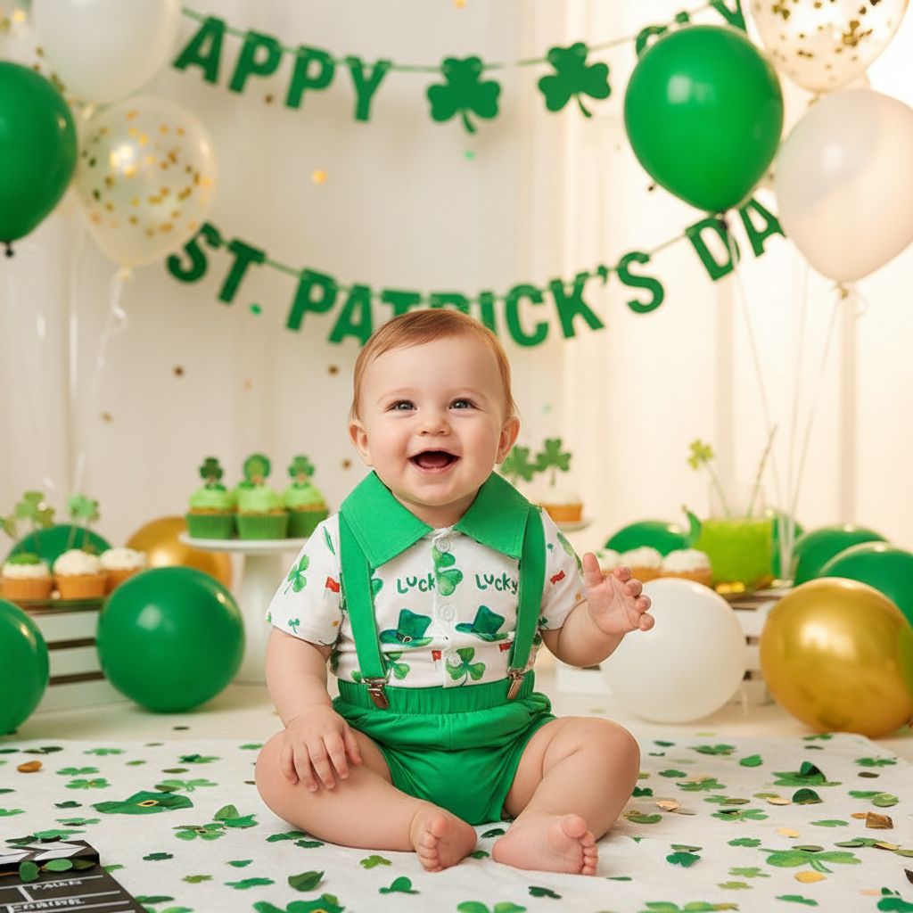 Newborn Baby Boy St. Patrick's Day Clothes Short Sleeve Clover Print Romper & Suspenders Pant 2Pcs Casual Clothes Set