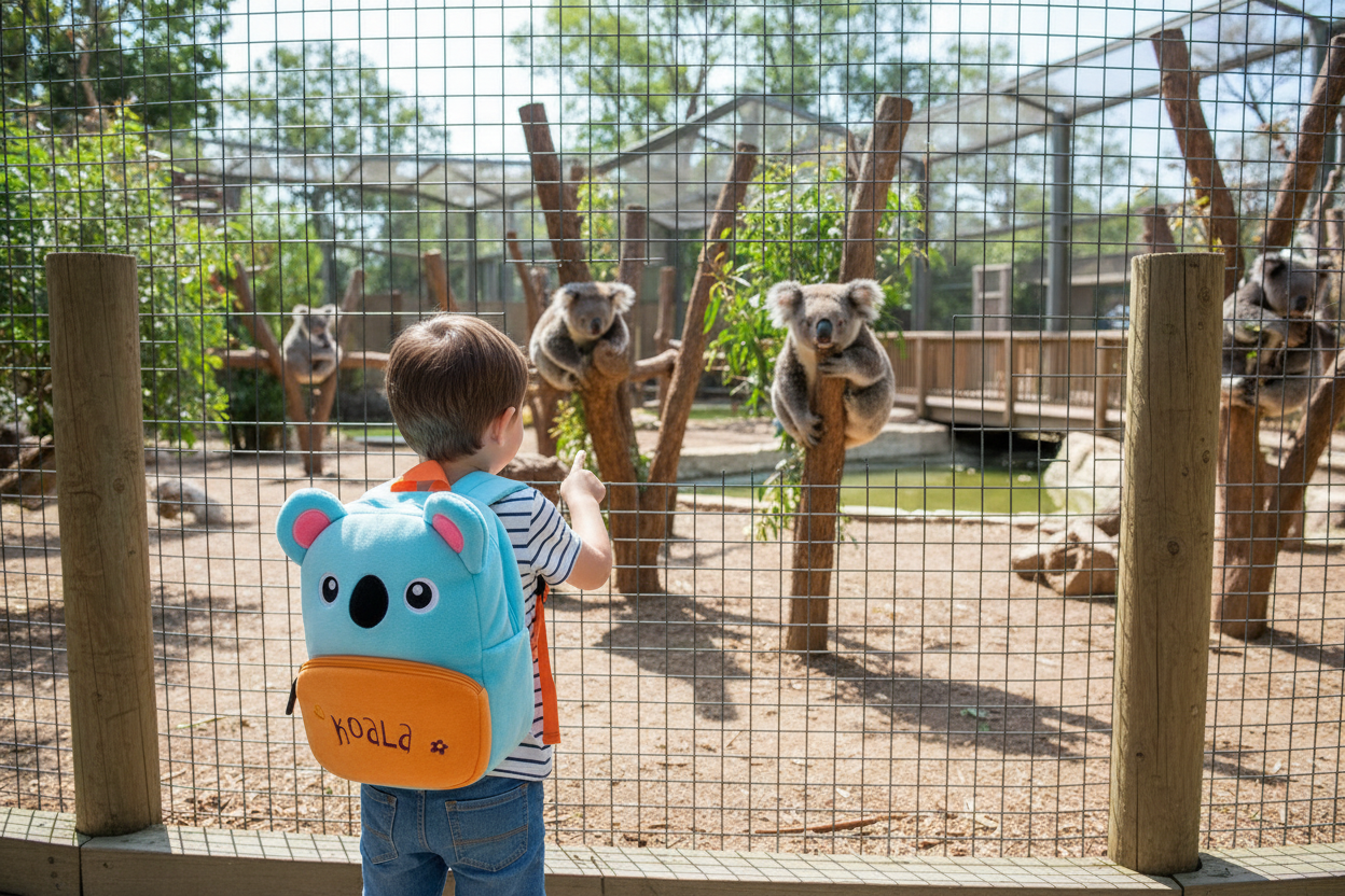 Kids koala backpack with blue front and orange pocket, cartoon eyes design