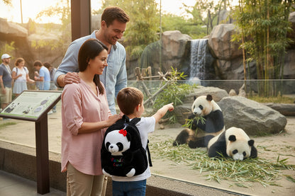 Black cartoon panda backpack with plush panda face and front print