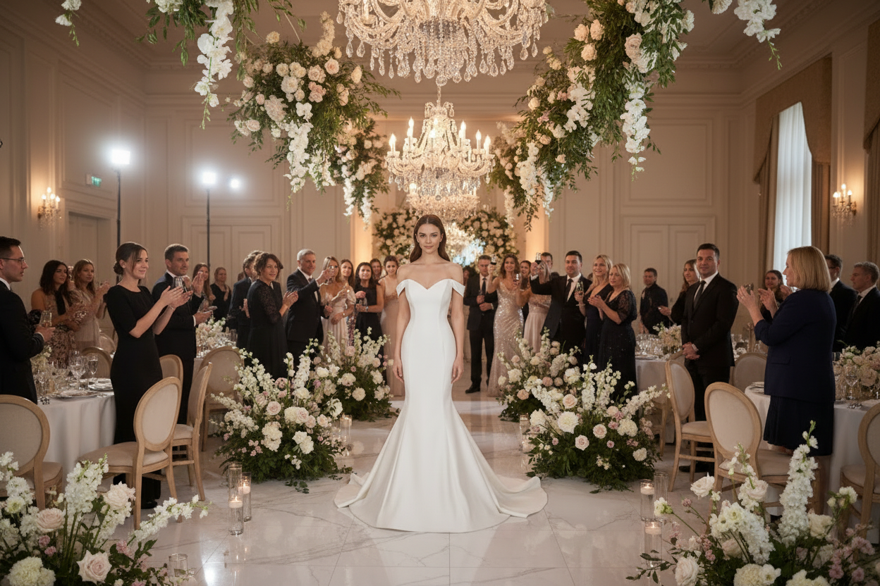 Ivory satin V-neck mermaid wedding dress with fitted bodice and extended train