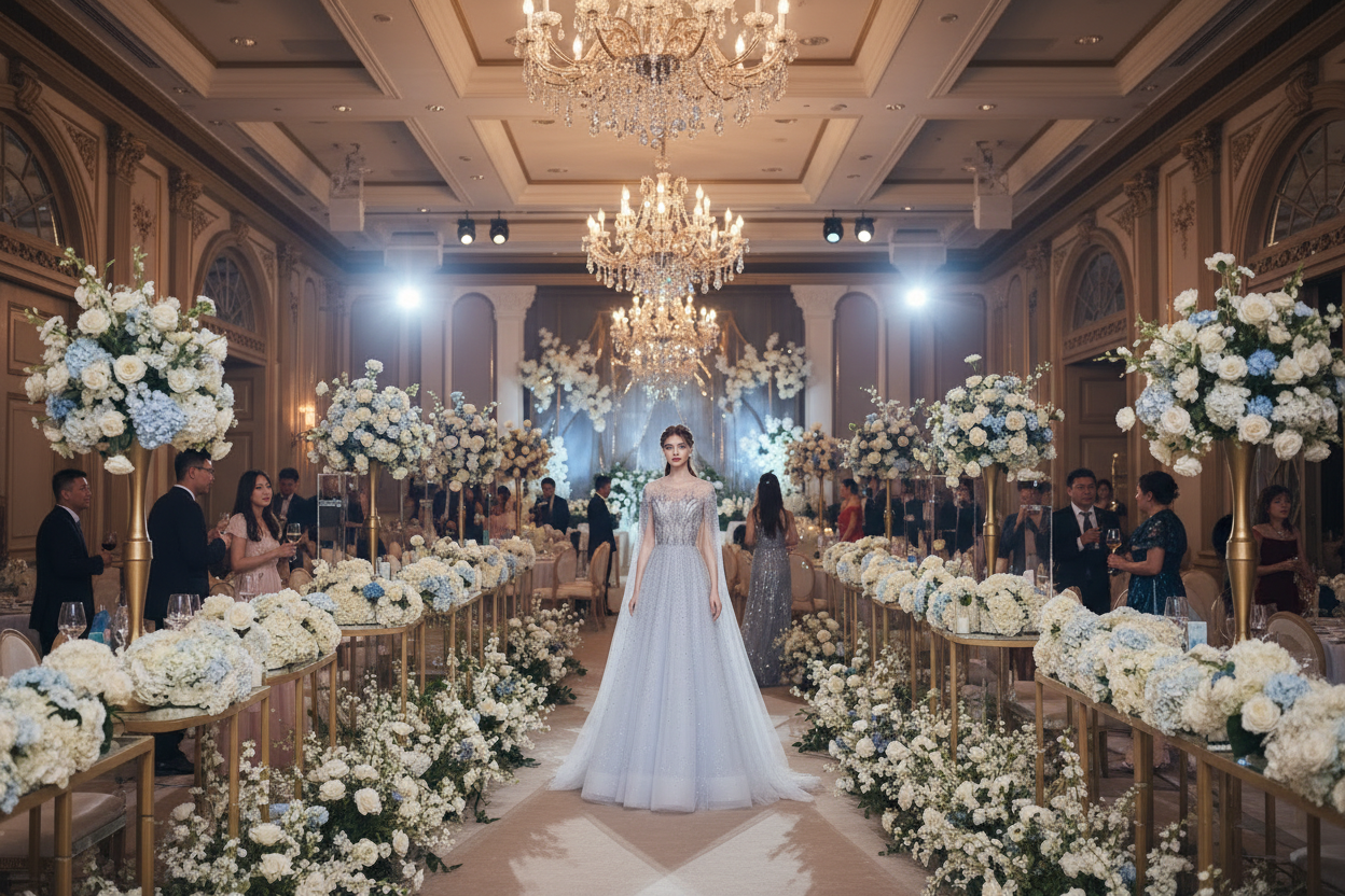 Light blue sparkling evening dress with high neckline, long sleeves, and flowing skirt
