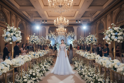 Light blue sparkling evening dress with high neckline, long sleeves, and flowing skirt
