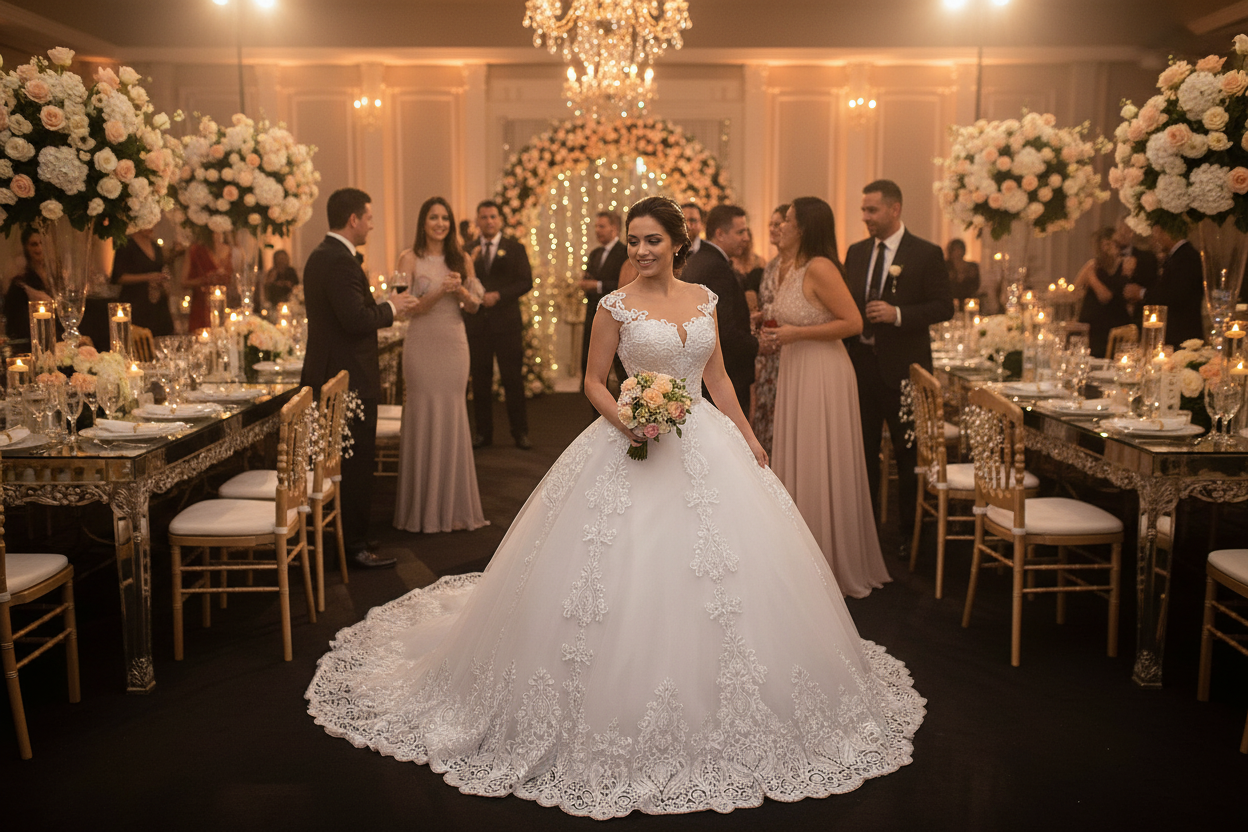 White lace wedding dress with V-neck lace bodice and full skirt with lace hem