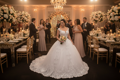 White lace wedding dress with V-neck lace bodice and full skirt with lace hem