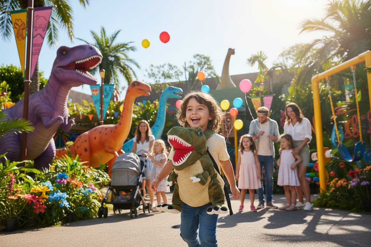 Olive-green dinosaur plush backpack with red open mouth, plush claws at bottom, padded straps.