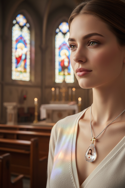 Two-tone cross and teardrop photo pendant on silver chain