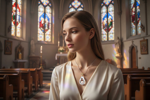 Two-tone cross pendant necklace with teardrop crystal photo charm on silver chain