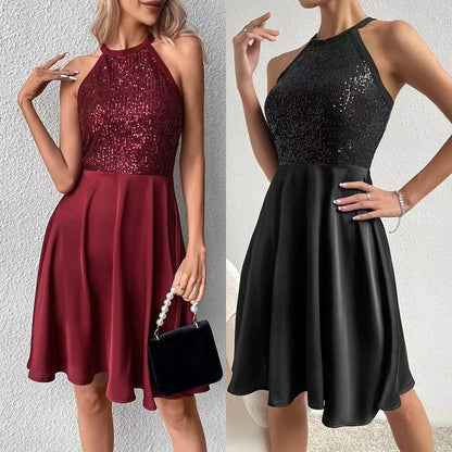 Summer  Sequin Stitching Sleeveless Slim Solid Color Dress