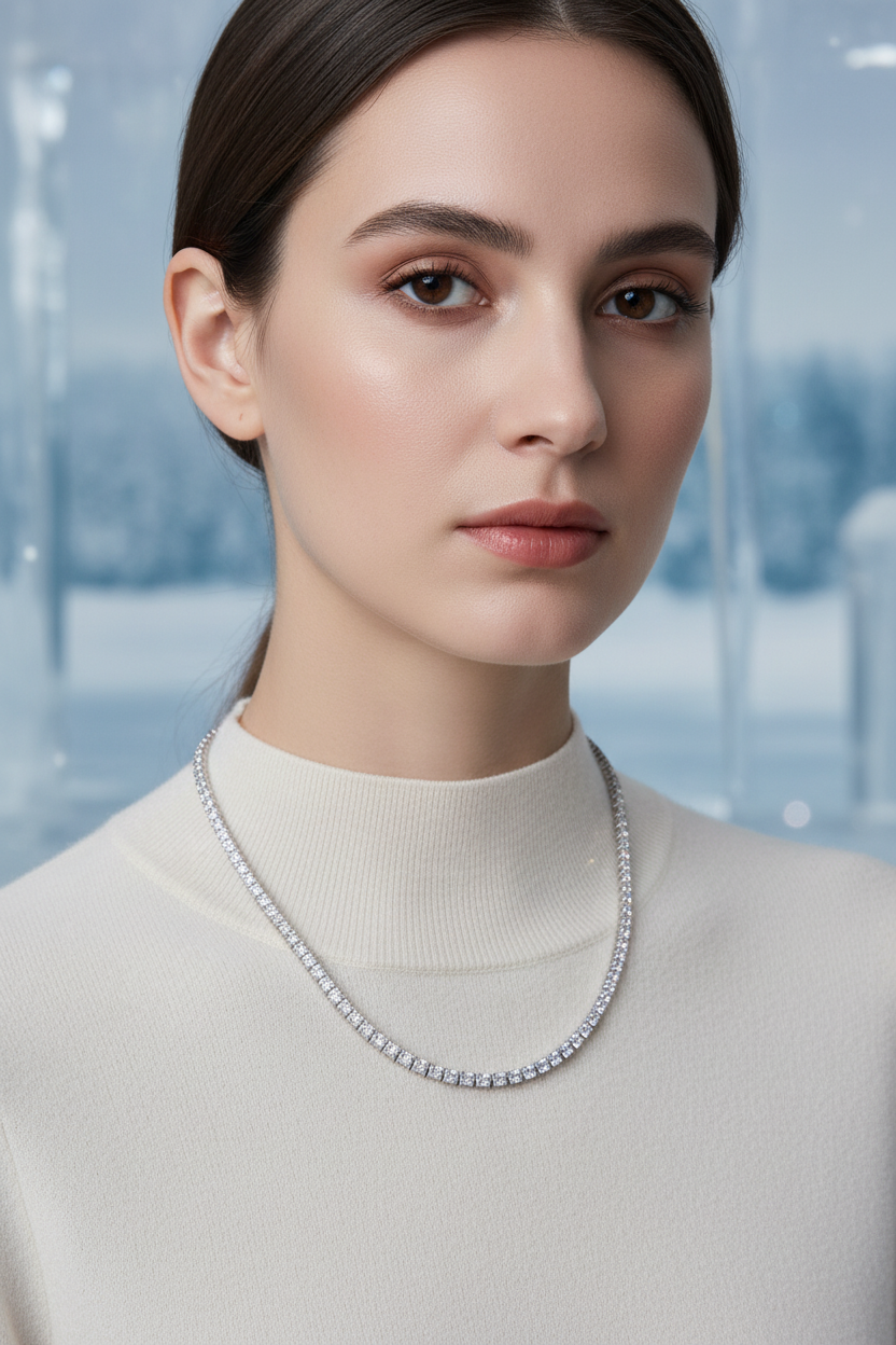 Close-up: silver diamond tennis necklace on white top, micro-pavé stone band