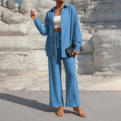 Women's Solid Color Lapel Long Sleeve Pants Set - Button-Up Casual Two-Piece Outfit With Drawstring Waist Lounge Wear