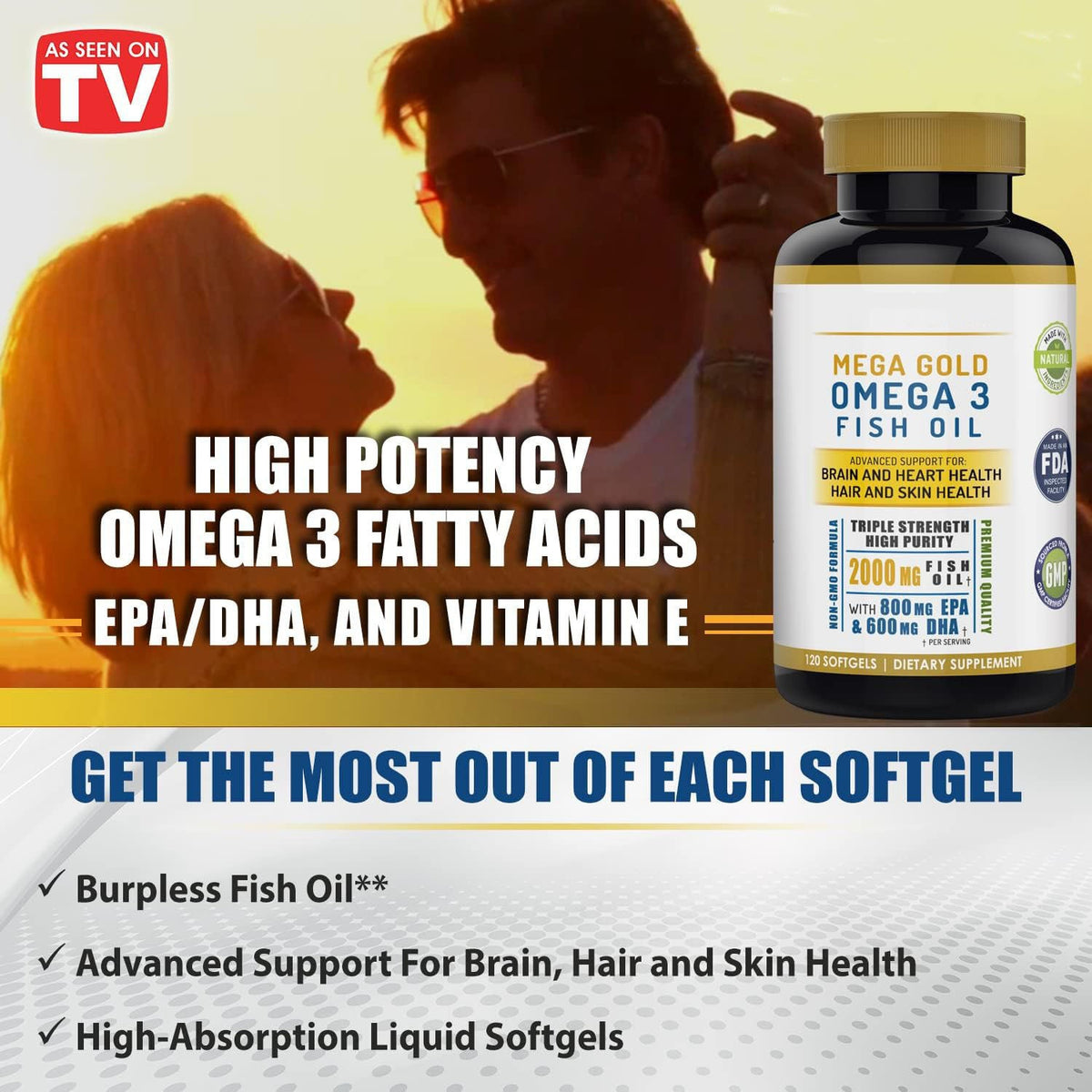 Fish oil softgel bottle held near two people in a promotional scene