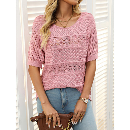 Women's Short Sleeve Sweater Tops Casual Crew Neck Crochet Knit Trendy Hollow Out Blouse T Shirts