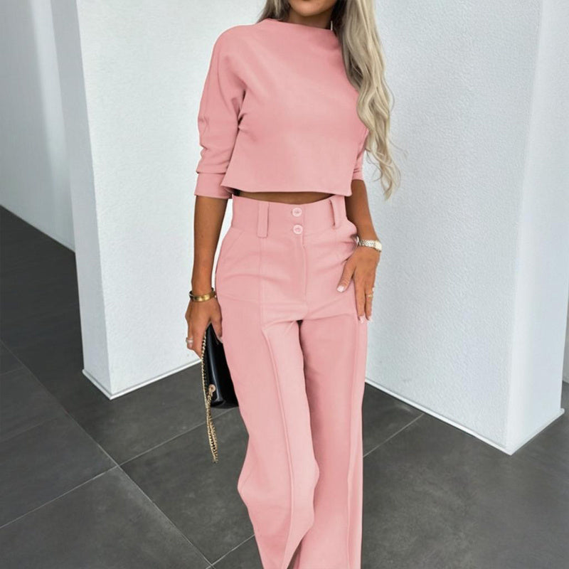 Women's Elegant Solid Color Half Sleeve Short Top With Straight Leg Pants Two-Piece Office Wear Suit With Pockets
