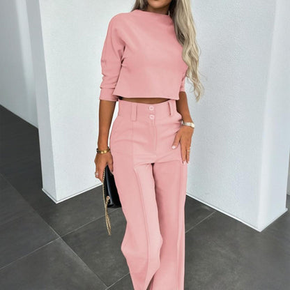 Women's Elegant Solid Color Half Sleeve Short Top With Straight Leg Pants Two-Piece Office Wear Suit With Pockets