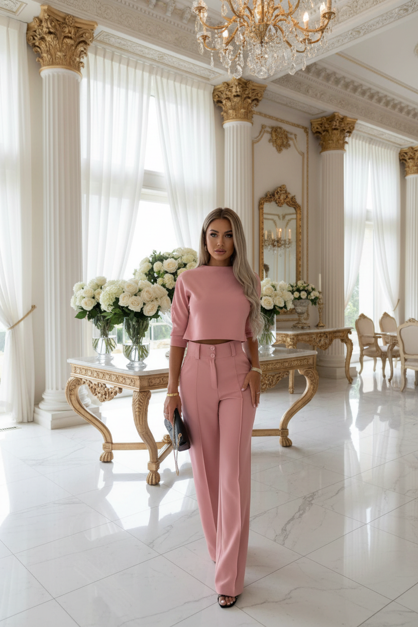 Mauve-pink women’s two-piece half-sleeve top and straight-leg pants set