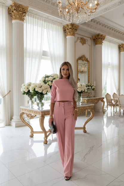 Mauve-pink women’s two-piece half-sleeve top and straight-leg pants set