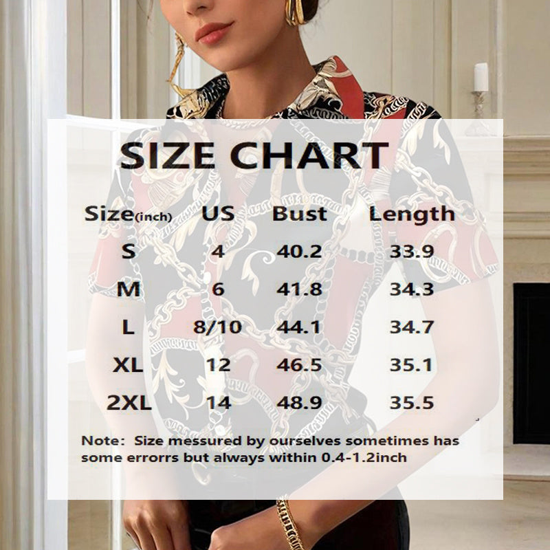 Women's Lapel Collar Short Sleeve Shirt - Chain Print Design, Button-Up Casual Top Comfortable Wear