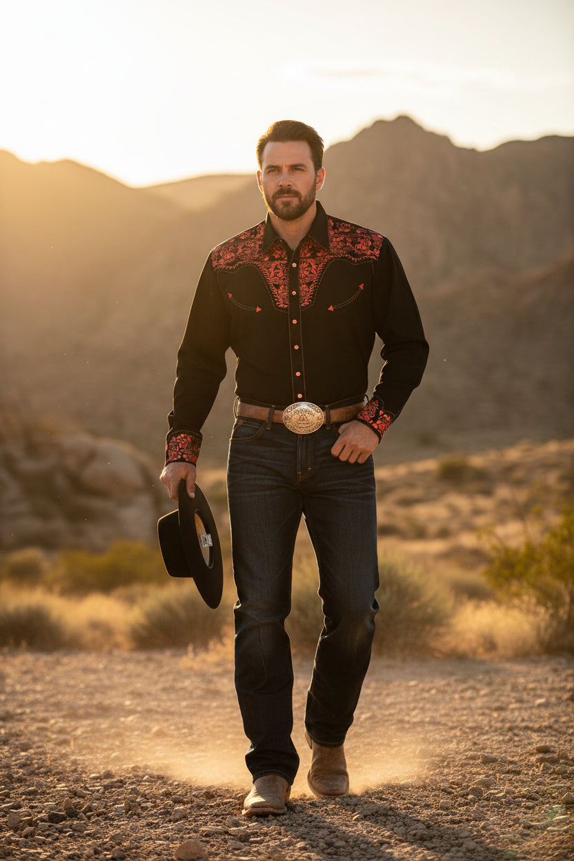 Men's black long-sleeve polo-collar button shirt with red printed yoke and patterned cuffs