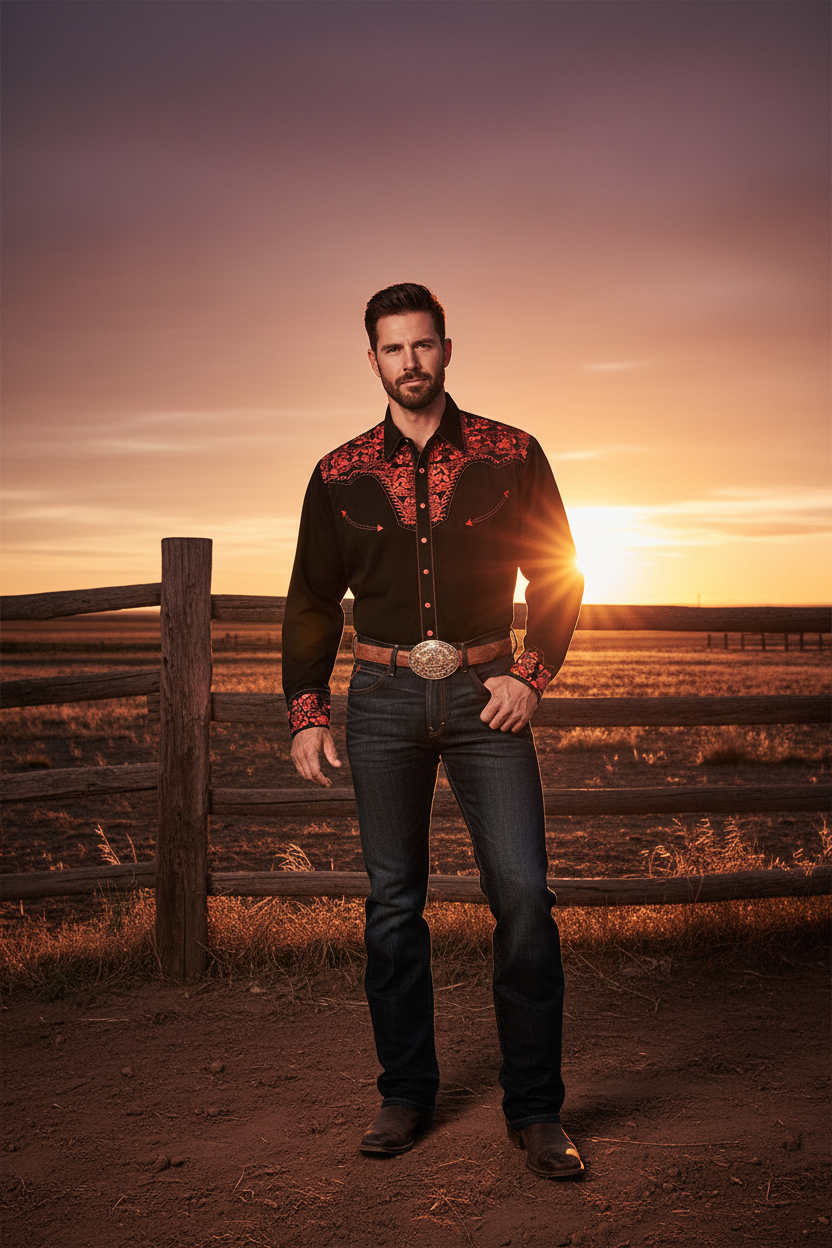 Men's long-sleeve polo-collar button shirt, black with red floral print