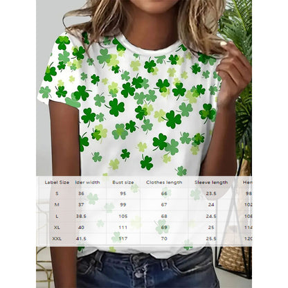 Women's Stylish Shamrock Pattern Crew Neck Tee - Breathable Summer Casual Top