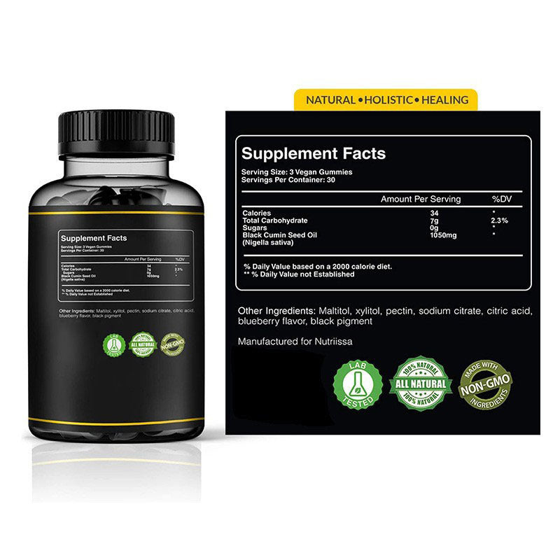 Black seed oil gummies supplement bottle with supplement facts label and matching box