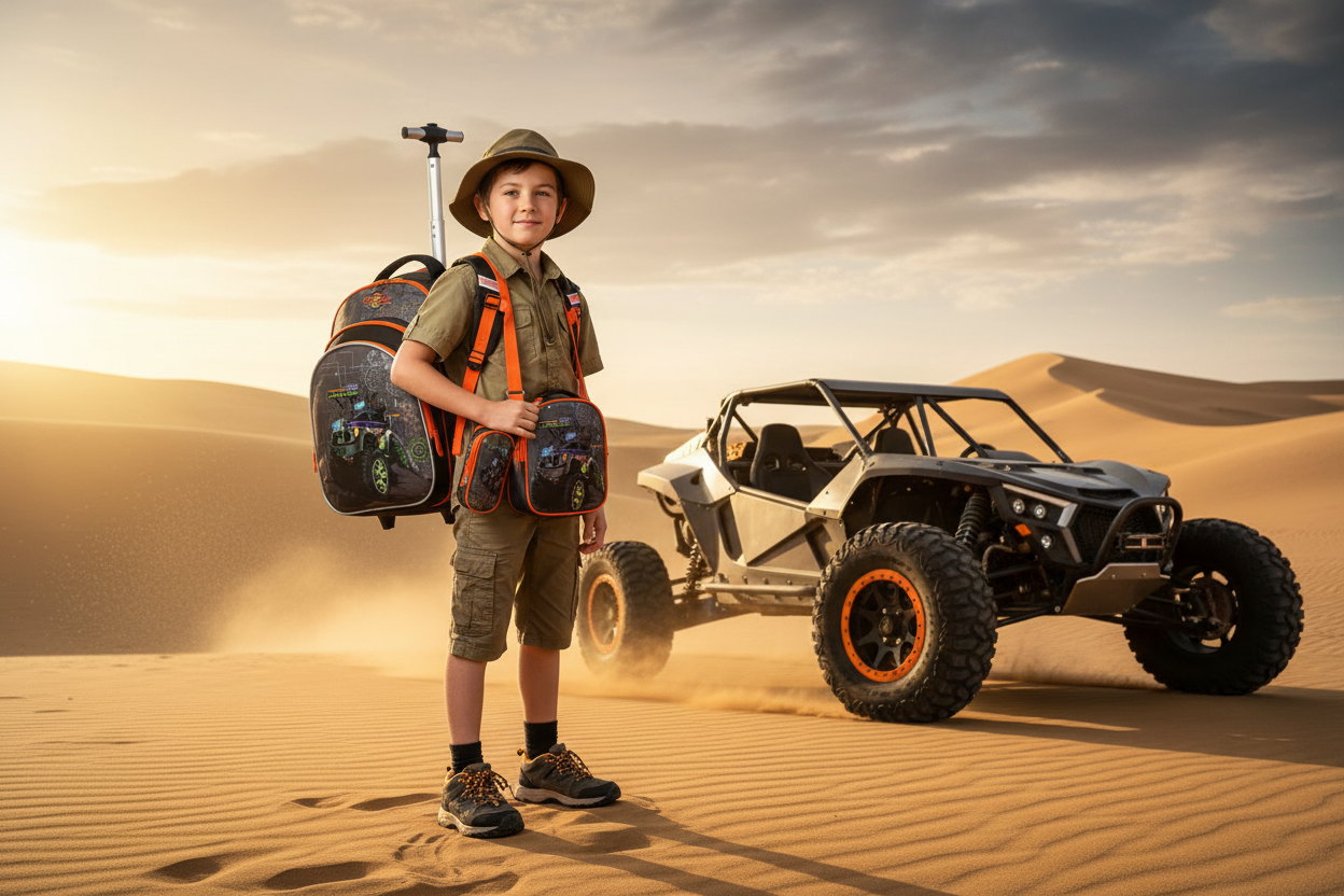 Black and orange off-road vehicle children's trolley backpack set (3-piece) with side wheels