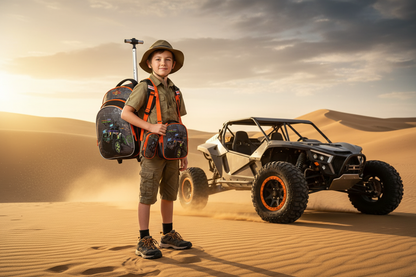 Black and orange off-road vehicle children's trolley backpack set (3-piece) with side wheels