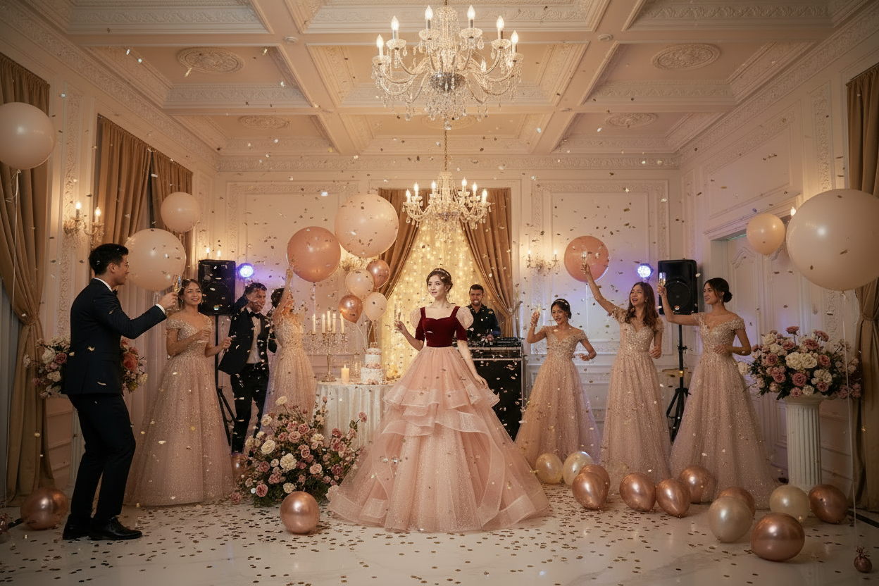 Princess dress with wine-red bodice and voluminous blush tulle skirt, short puff sleeves