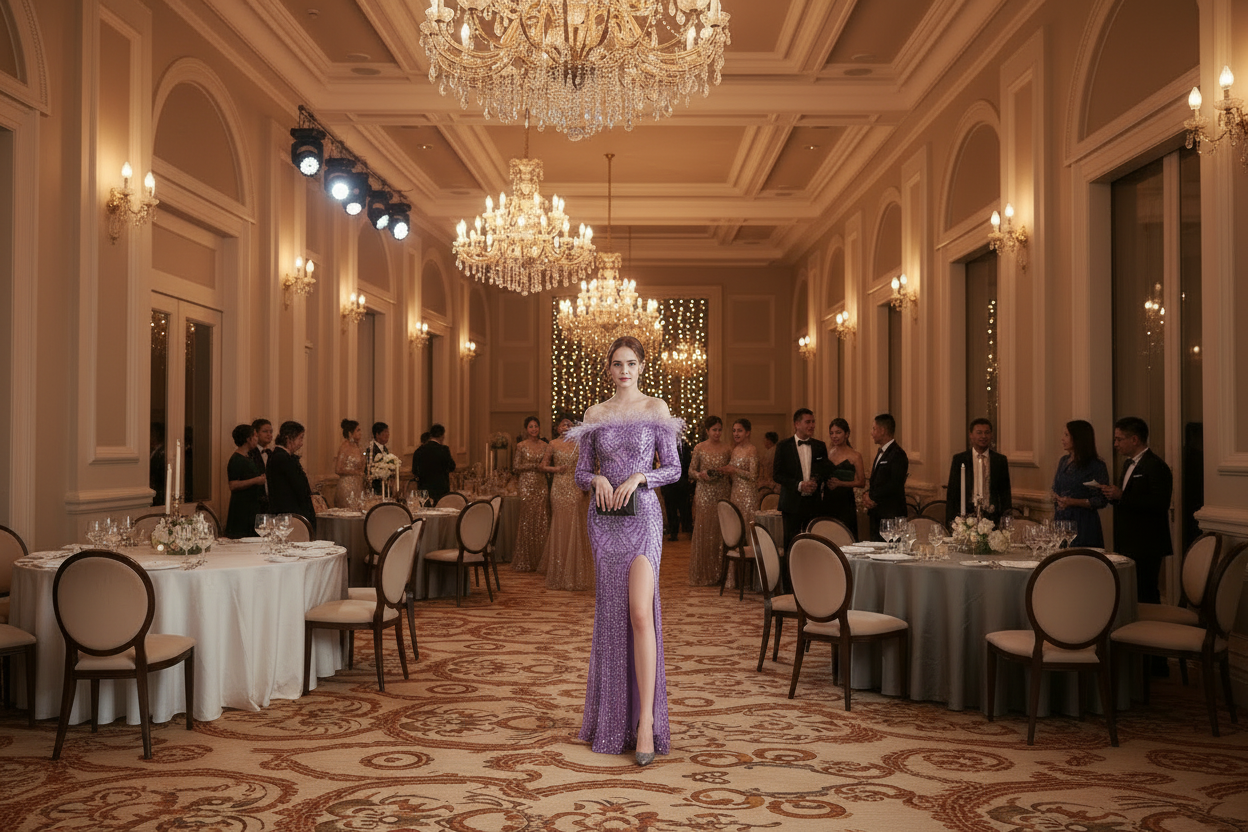 Purple off-shoulder long-sleeve sequin fishtail evening dress with thigh slit
