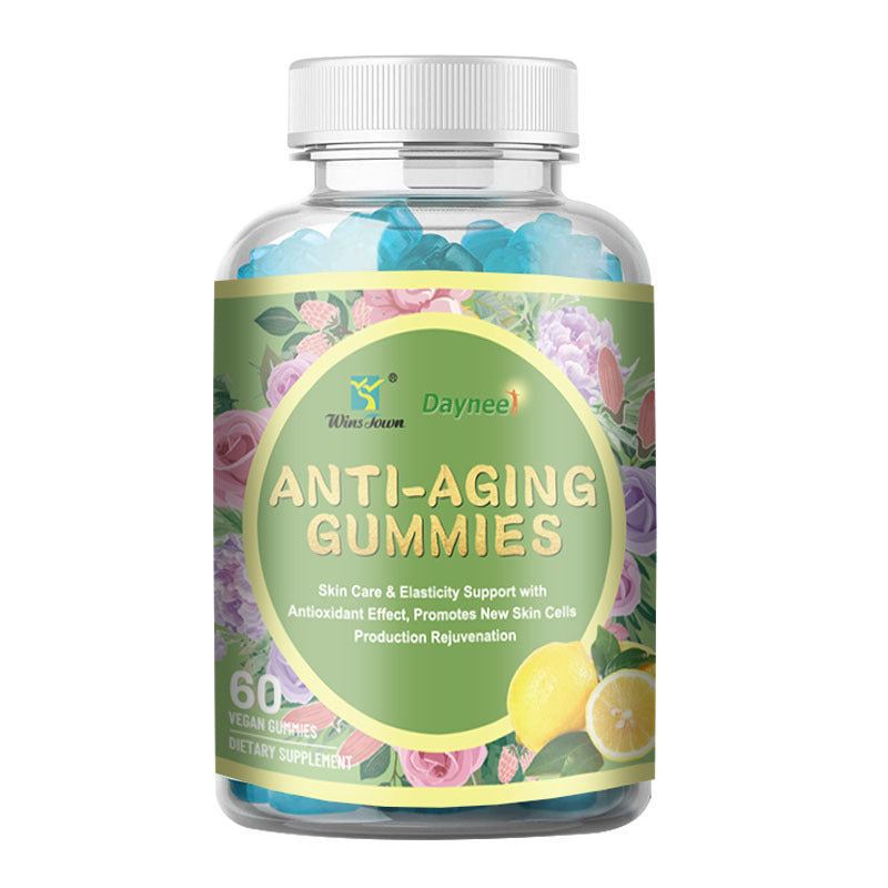 Dayneet Anti-Aging Gummies bottle with visible gummy shapes inside, 60 vegan gummies