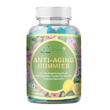 Dayneet Anti-Aging Gummies bottle with visible gummy shapes inside, 60 vegan gummies