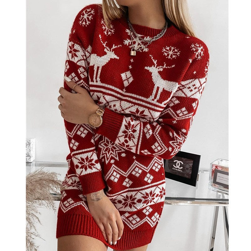Elk Snowflake Christmas Jacquard Dress Long Knitted Sweaters