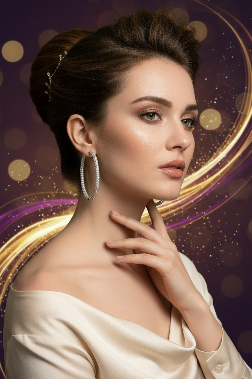 Silver-tone pavé hoop earrings on ear, medium-large circular sparkle stones