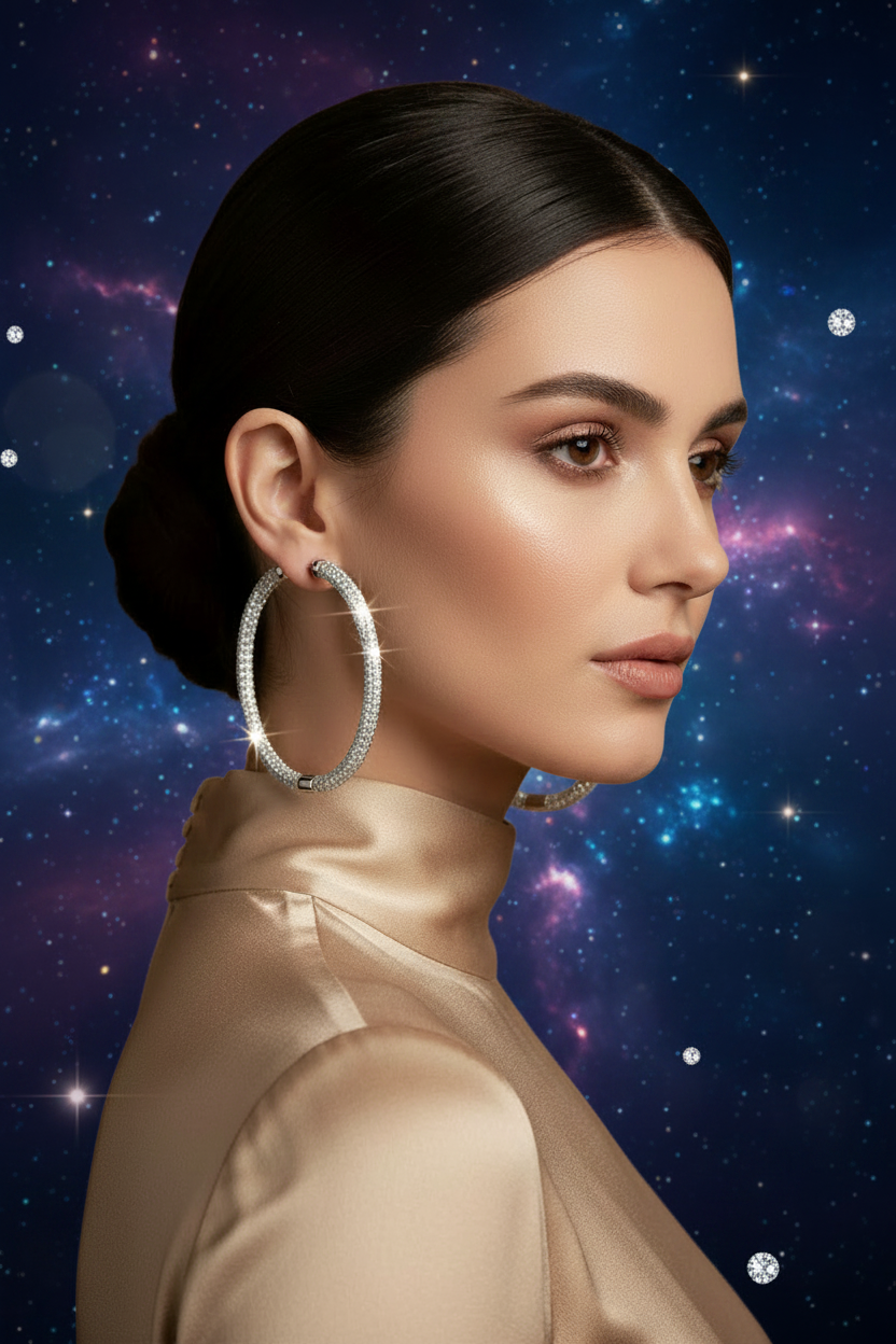 Silver-tone pavé hoop earrings on ear, large round hoops with glittering stones