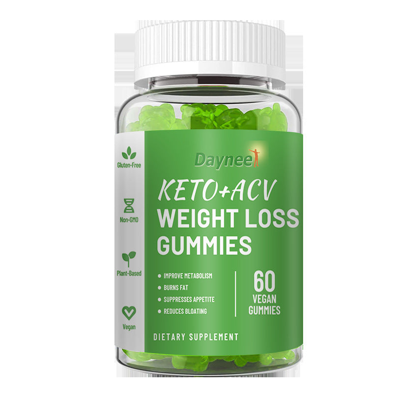 Gummy supplement bottle with green gummies and white ribbed cap